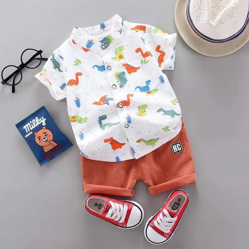 Baby Boy Animal & Dinosaur Print Vacation Shirt with Shorts Set (3 Colors)