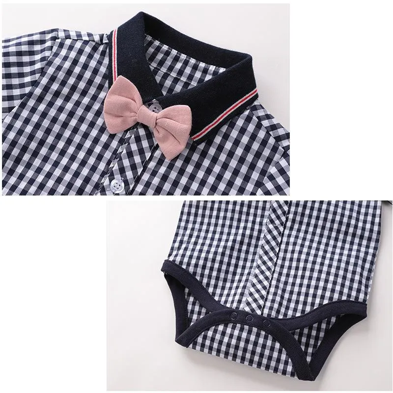 Baby Boy Plaid Short Sleeve Onesie   Suspender Pink Shorts Gentleman Suit