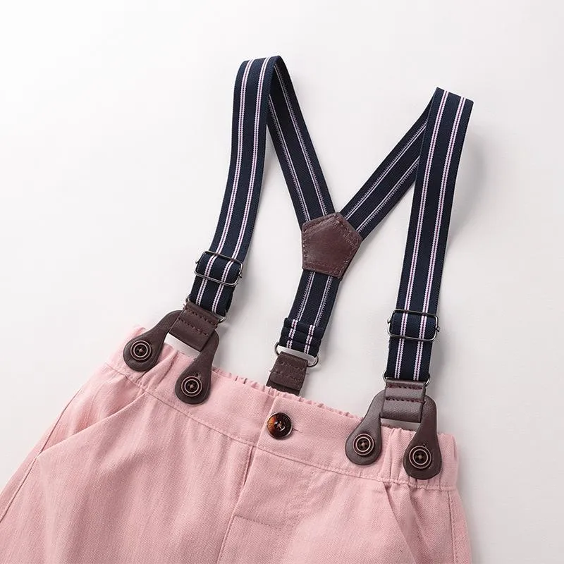 Baby Boy Plaid Short Sleeve Onesie   Suspender Pink Shorts Gentleman Suit