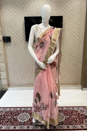 Baby Pink Double Layered Saree with Matching Unstitched Designer Blouse