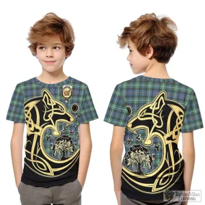 Baillie Ancient Tartan Kid T-Shirt with Family Crest Celtic Wolf Style
