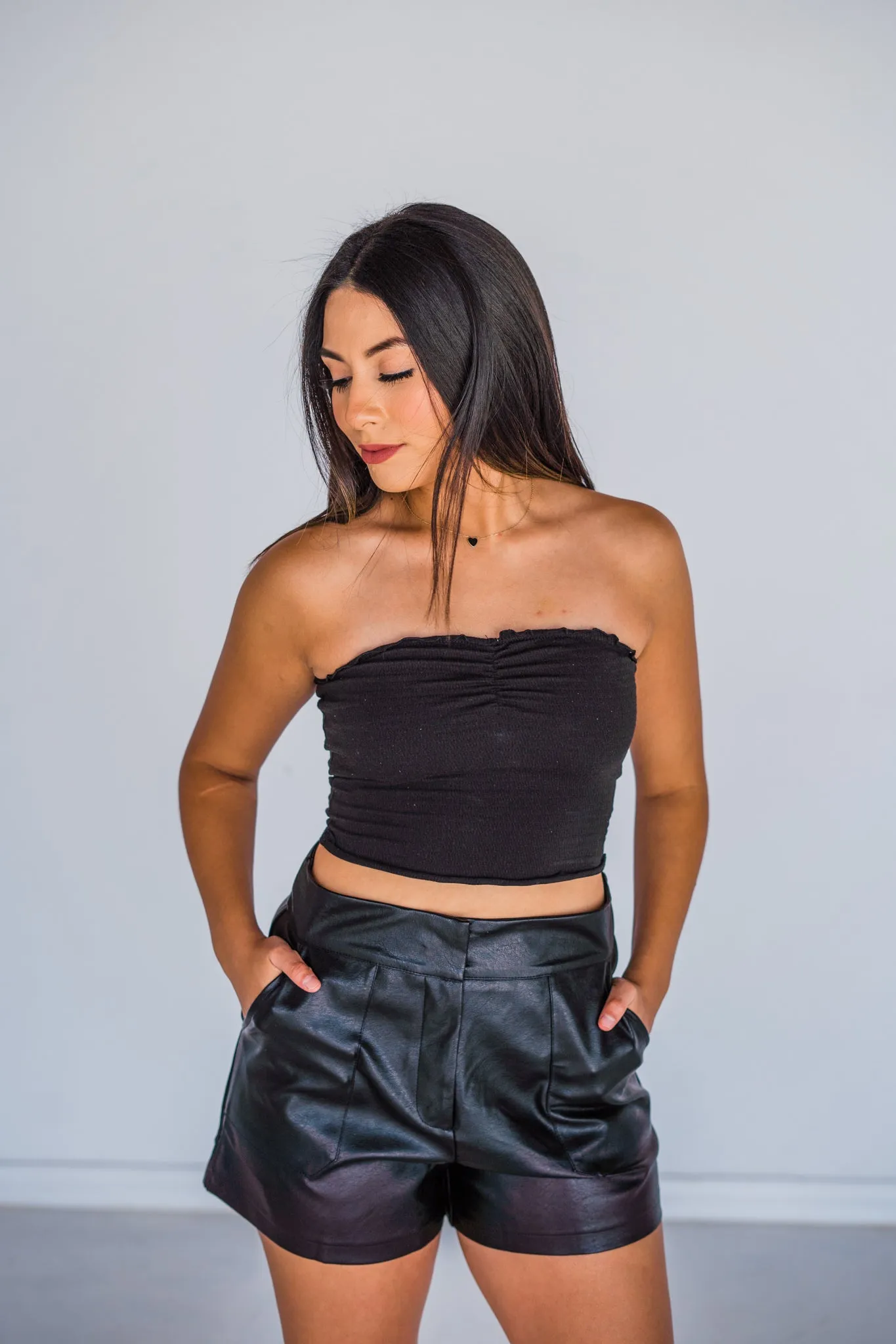 Basic Smocked Knit Tube Top - Black