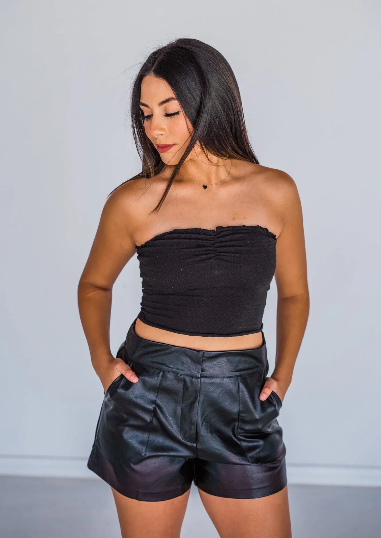 Basic Smocked Knit Tube Top - Black