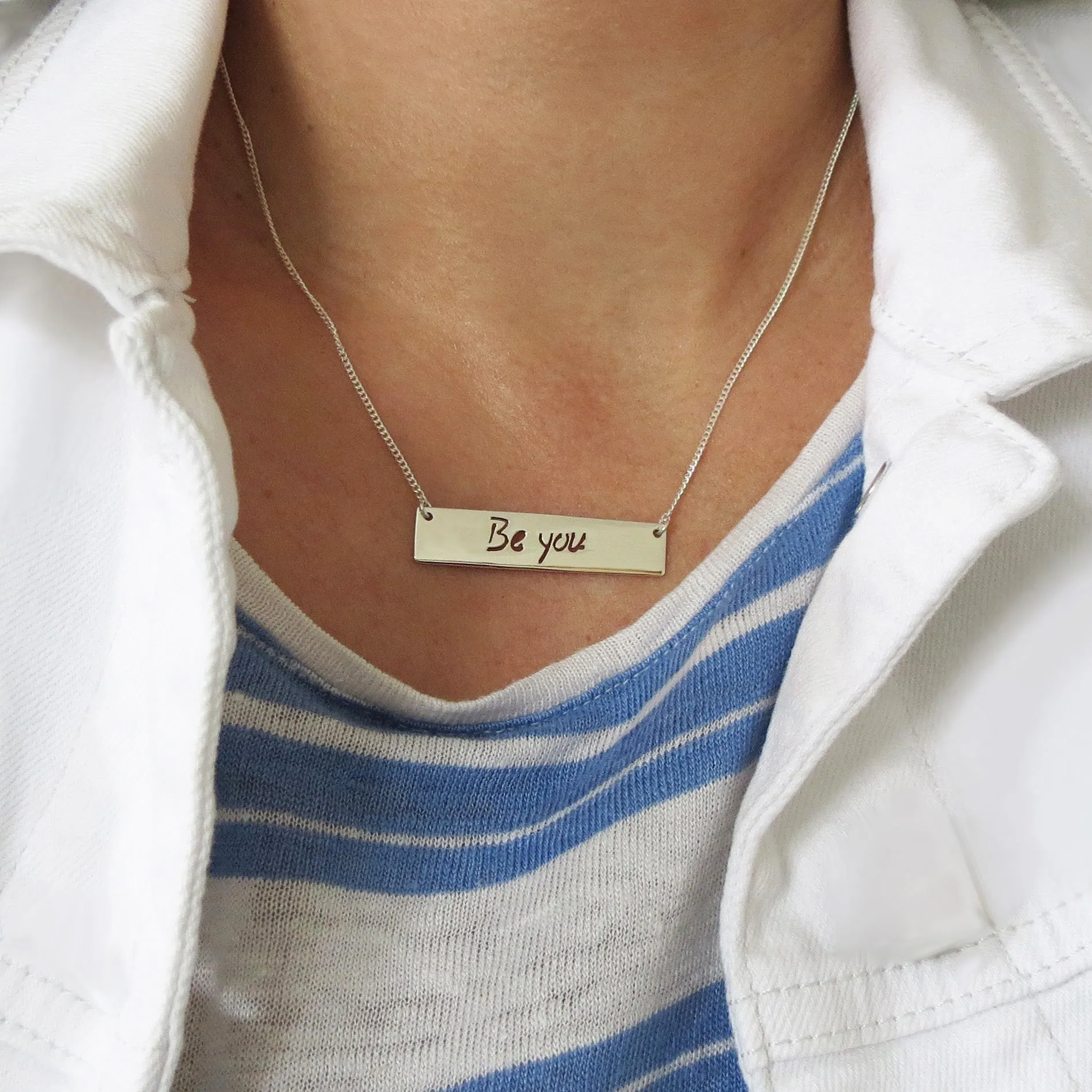 Be You 925 Sterling Silver Tag Bar Message Necklace