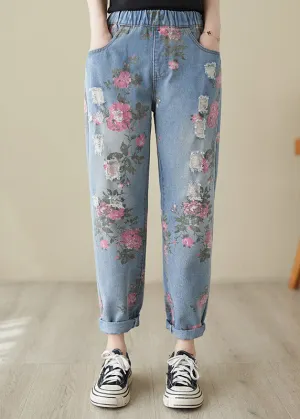 Beautiful Blue Print High Waist Denim Harem Pants