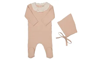 Bee & Dee Blush Pink Dot Accent Embroidered Knit Footie   Bonnet