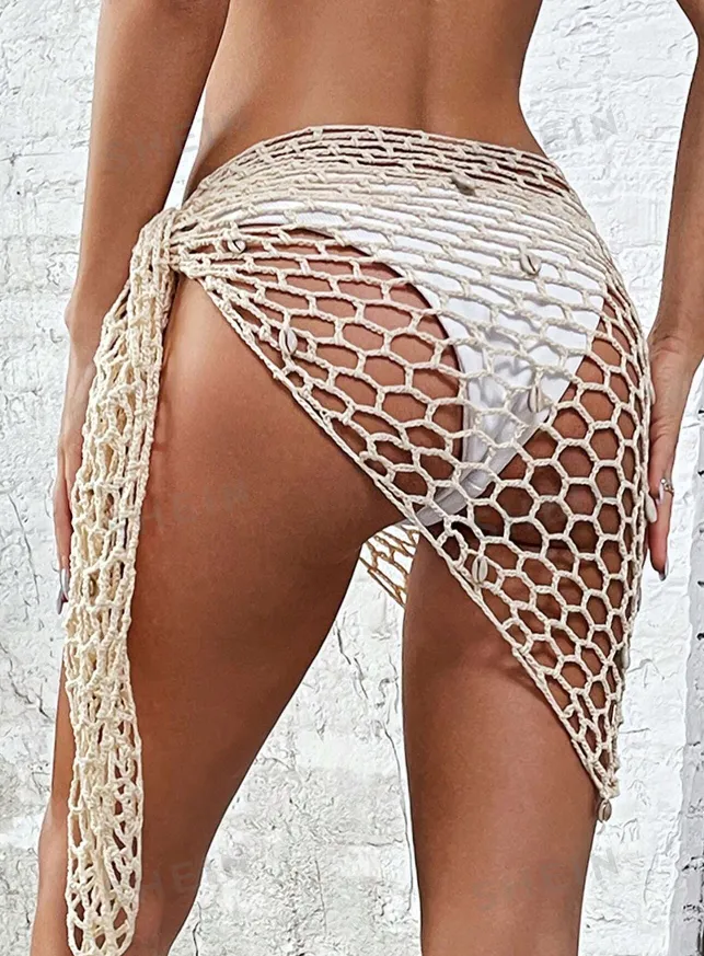 Beige Crochet Shell Mini Sarong