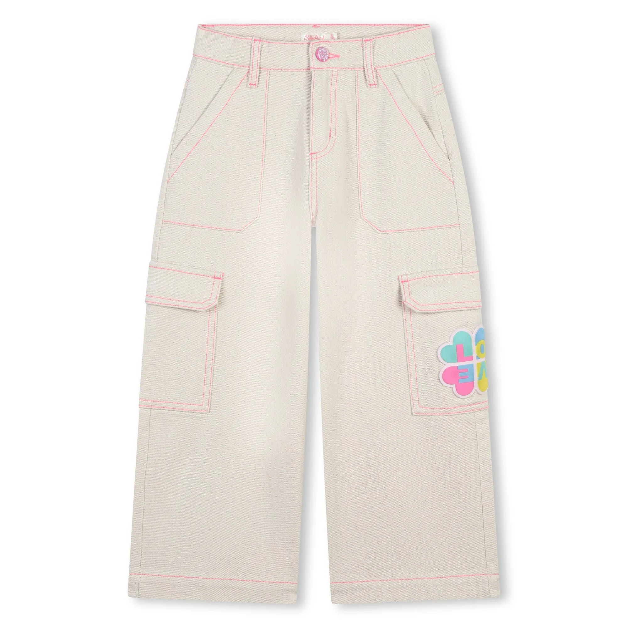 Beige Floral Denim Cargo Pants