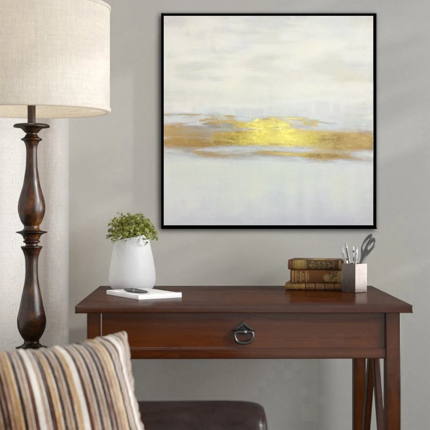 Beige Gold Leaf Abstract Painting On Canvas For Office Living Room Sp033