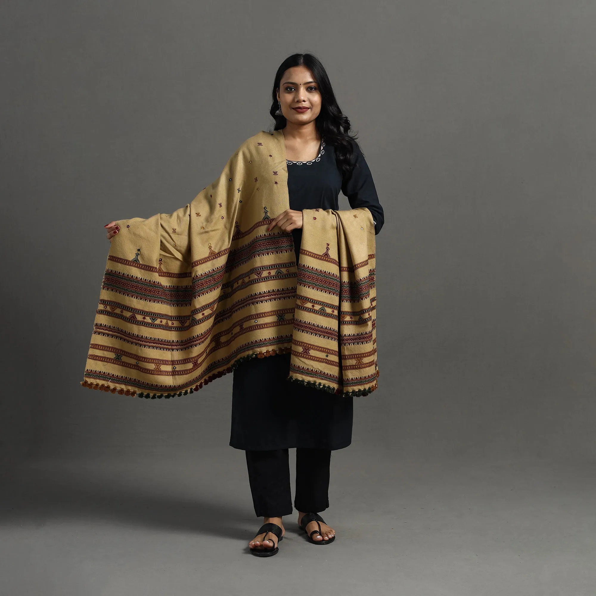 Beige - Kutch Handwoven Mirror Work Woollen Shawl 98