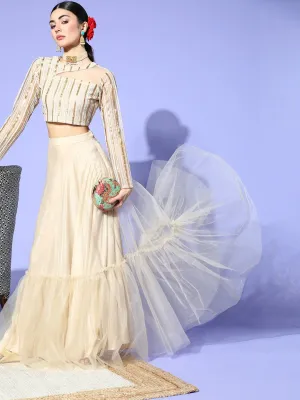 Beige Net Embroidered Ruffled Co-Ords