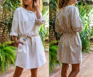 Beige Self Belted Short Sleeve Midi Front Back Garnish Pocket Loose Dress,Midi Dress,Short Sleeve Dress-Boho Wear Womens Dress,Vintage Dress