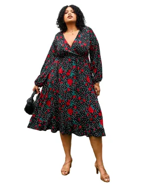 Bell Sleeves Rose Floral Print Wrap Maxi Dress | Black