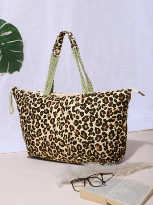Berrylush Women Brown Leopard Printed Canvas Zipper-Up Oversized Tote Bag