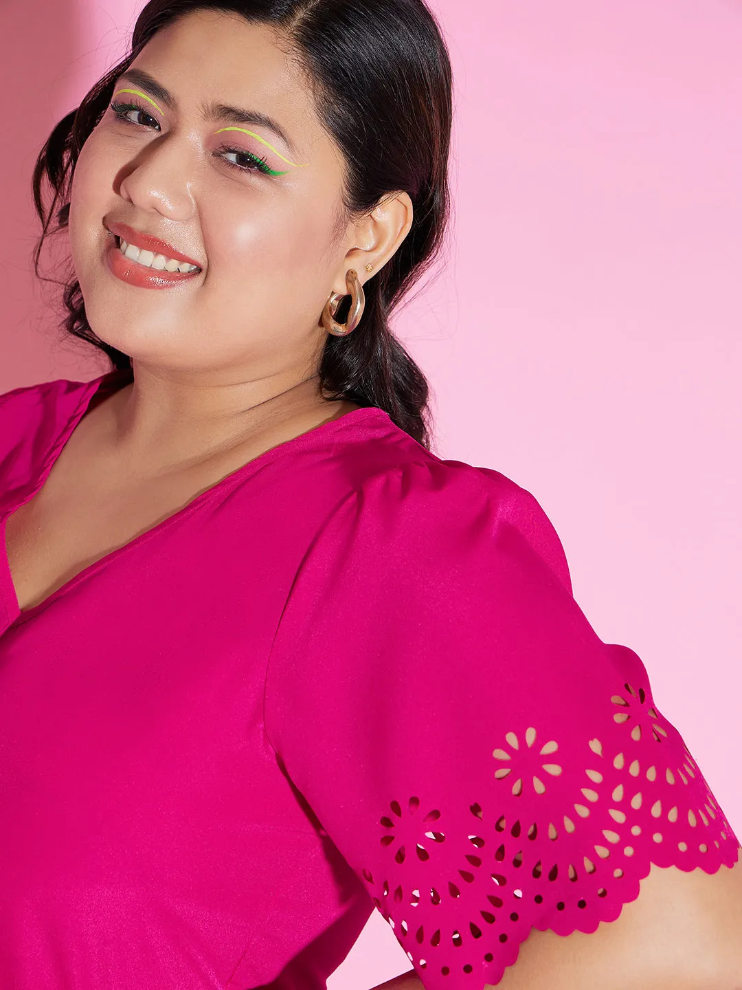 Berrylush Women Plus Size Solid Pink V-Neck Cutout Sleeve Crepe Regular Top