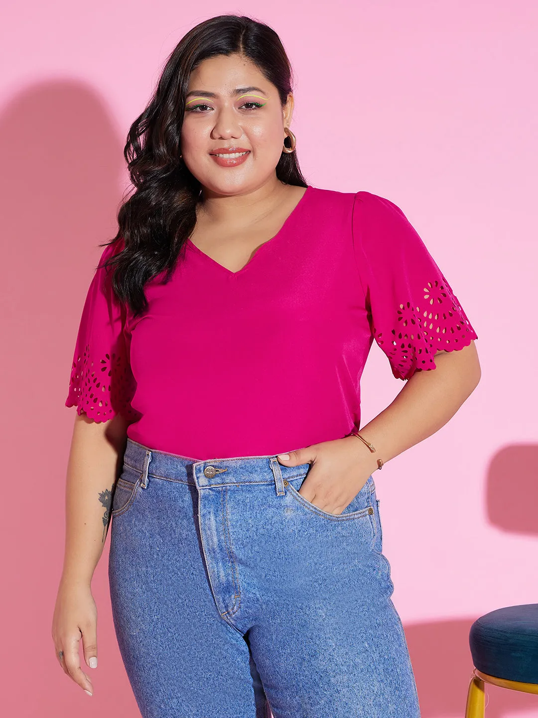 Berrylush Women Plus Size Solid Pink V-Neck Cutout Sleeve Crepe Regular Top