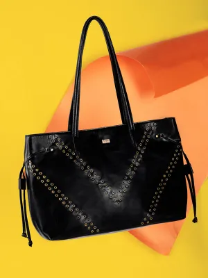 Berrylush Women Solid Black PU Detachable Sling Strap Embellished Oversized Tote Bag