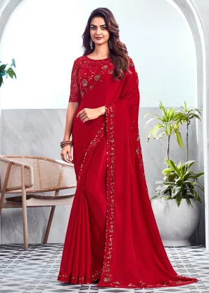 Bewitching Red Silk Embroidered Designer Saree