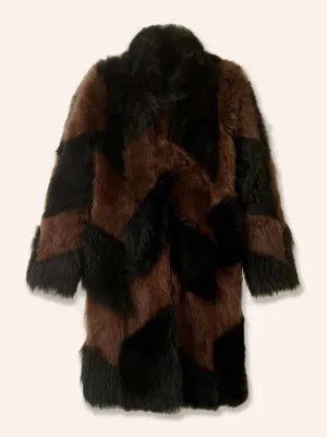 Black and brown shearling patchwork coat