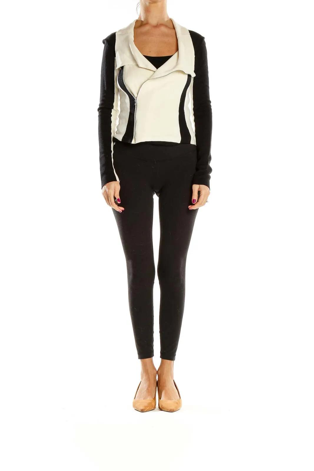 Black and White Color Block Zip-Up Jacket