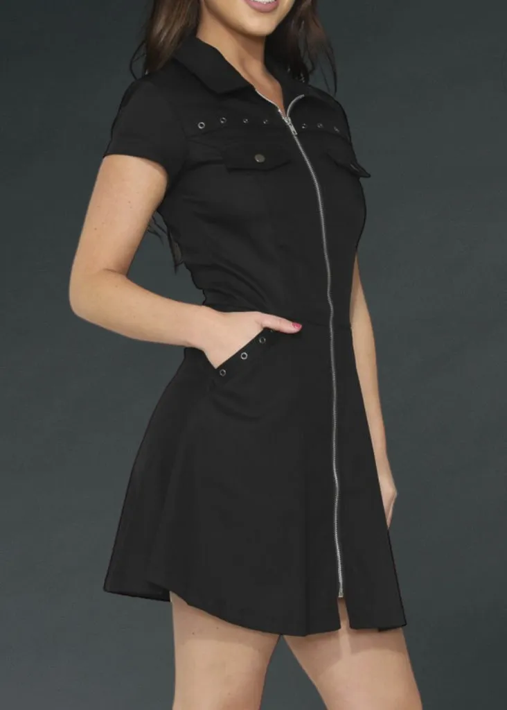 Black Gothic Mini Dress with Front Zipper
