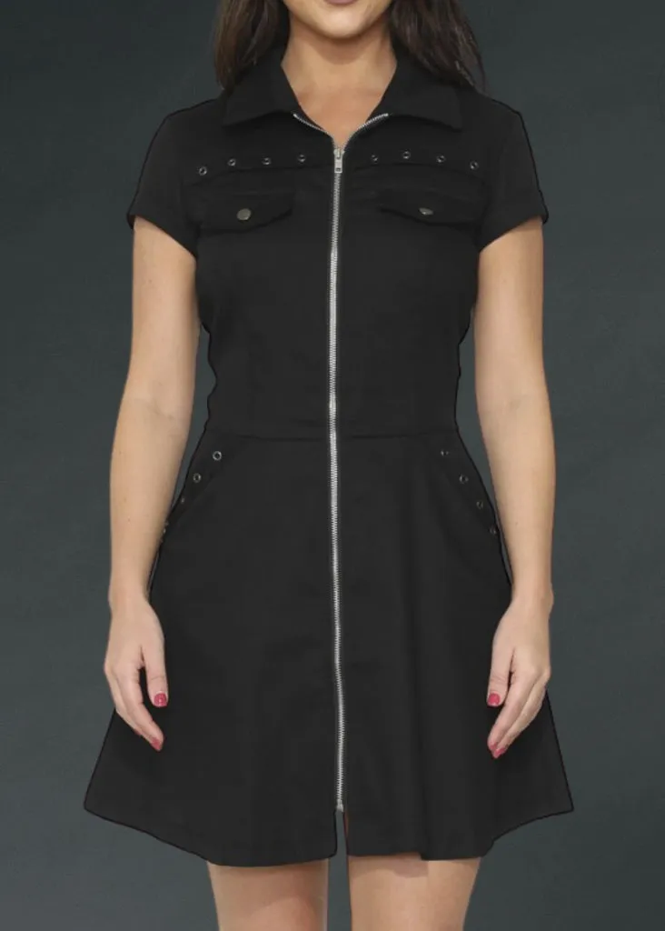 Black Gothic Mini Dress with Front Zipper