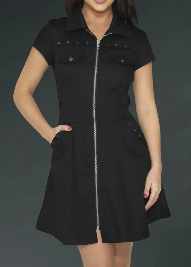 Black Gothic Mini Dress with Front Zipper