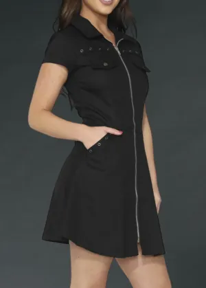 Black Gothic Mini Dress with Front Zipper
