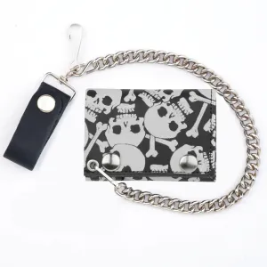 Black Leather Tri-Fold Wallet w/ White Multi-Skull and Crossbones Detail