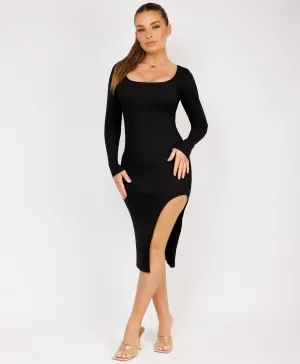 Black Long Sleeve Ribbed Side Split Knitted Midi Dress