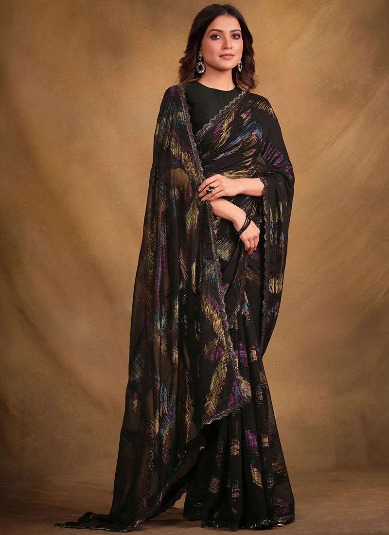 Black Multi Embroidery Traditional Festive Saree