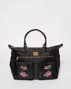 Black Nylon Flower Quilted Baby Bag With Gold Hardware