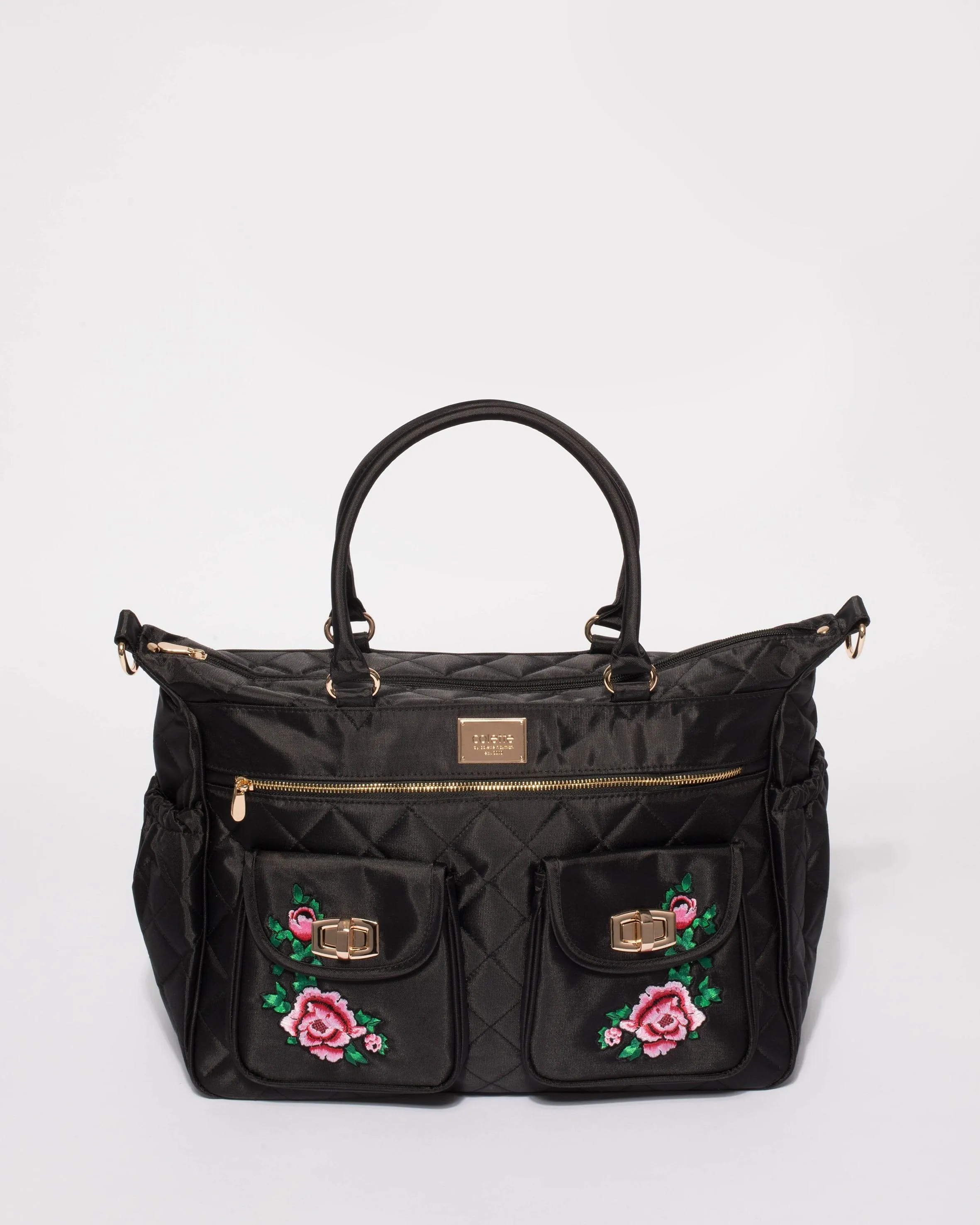 Black Nylon Flower Quilted Baby Bag With Gold Hardware
