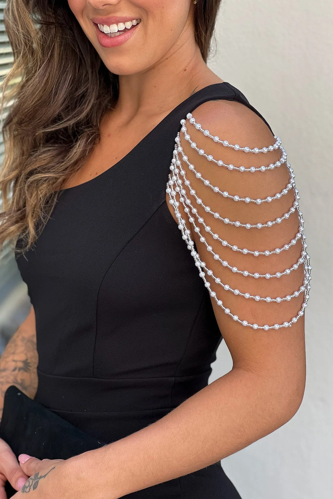 Black One Shoulder Jumpsuit With Faux Pearl Detail