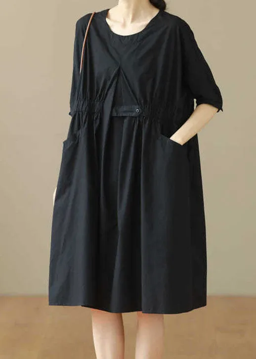 Black Patchwork Cotton Mid Dresses O Neck Wrinkled Summer LY3987