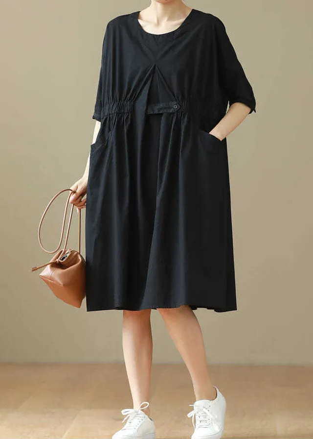 Black Patchwork Cotton Mid Dresses O Neck Wrinkled Summer LY3987