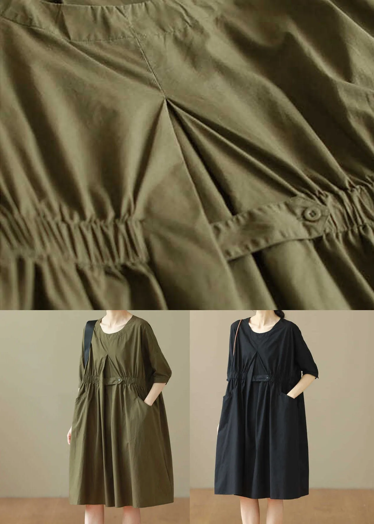 Black Patchwork Cotton Mid Dresses O Neck Wrinkled Summer LY3987