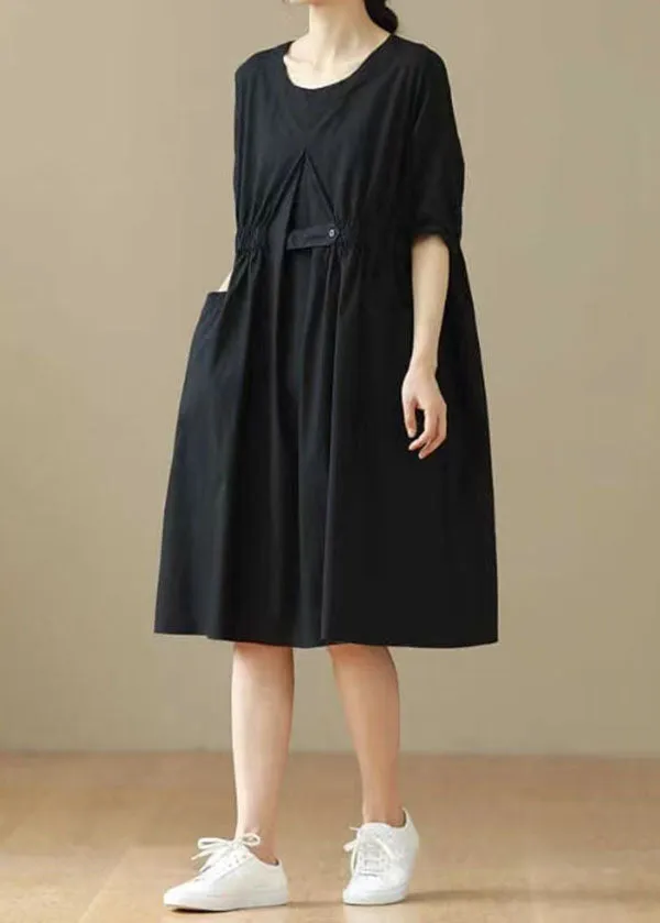 Black Patchwork Cotton Mid Dresses O Neck Wrinkled Summer LY3987