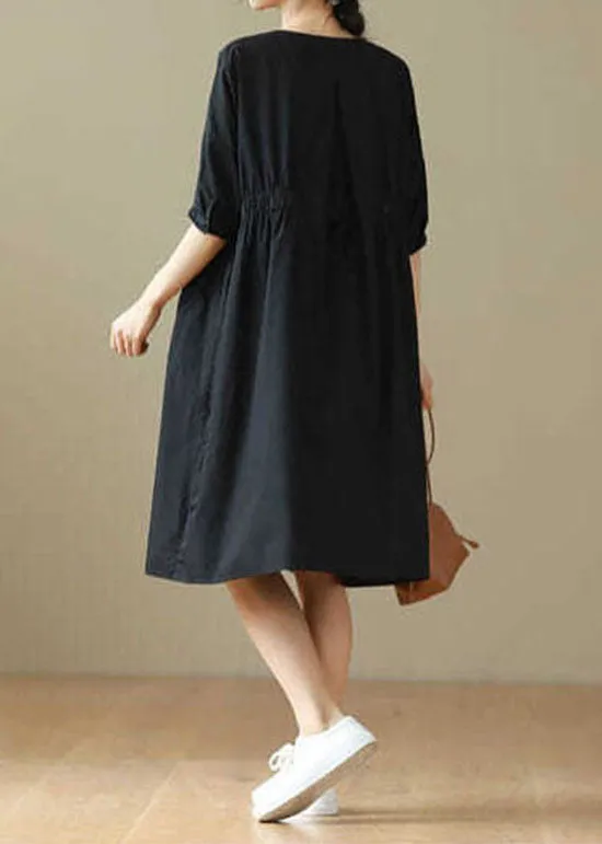 Black Patchwork Cotton Mid Dresses O Neck Wrinkled Summer LY3987