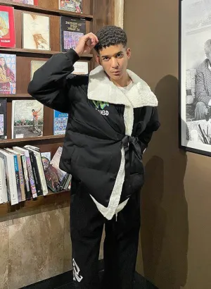 Black Pixel Style Print Lapel Padded Coat
