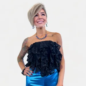 Black Strapless Sequin Ruffle Top