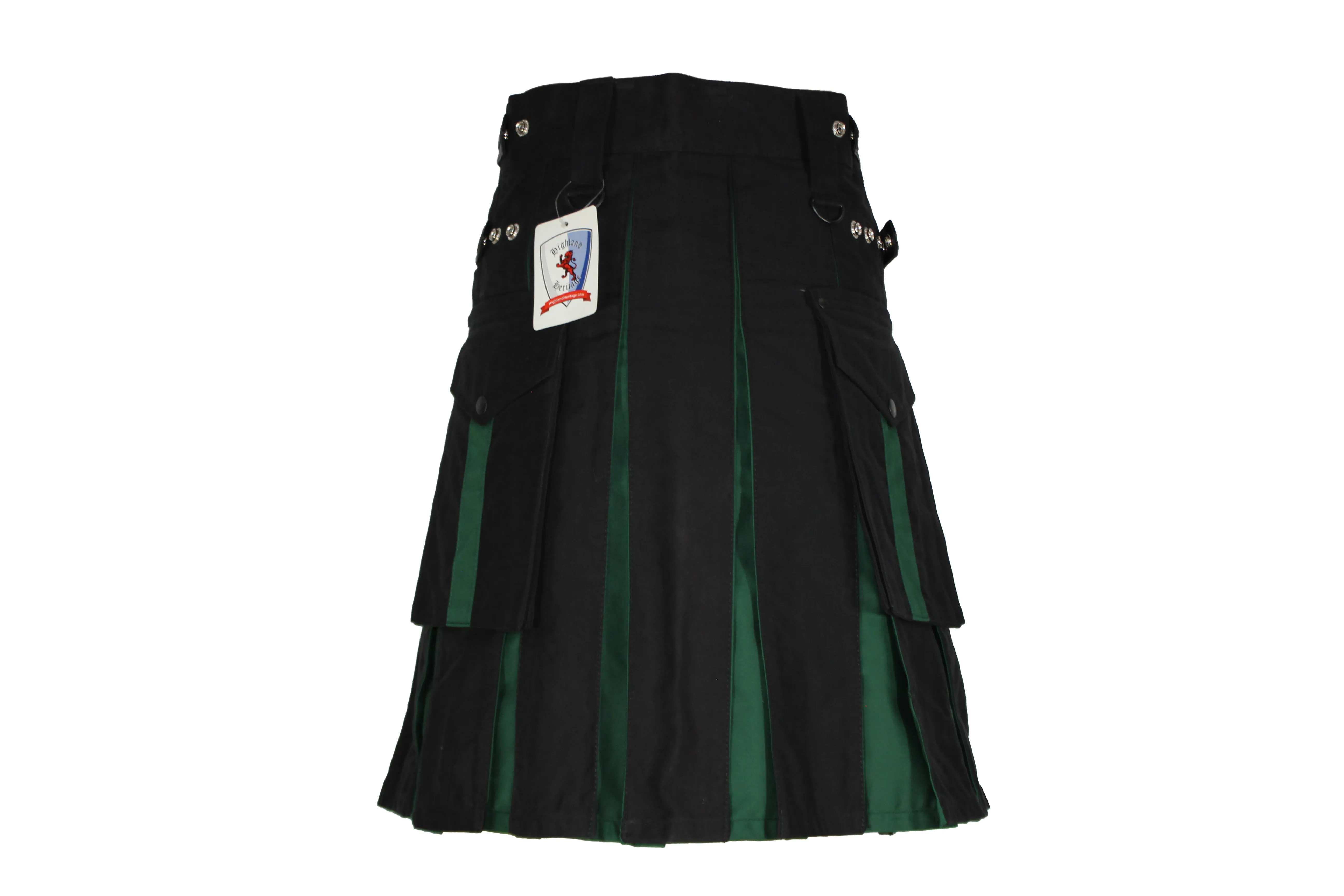 Black Utility Kilt with Green Pleats