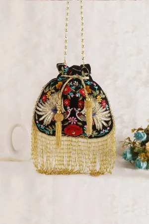 Black Velvet Pearl & Beads Embellished Wedding Day Potli Bag