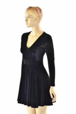 Black Velvet V neck Skater Dress