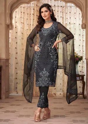 Black Viscose Net Embroidered Wedding Party Salwar Suit