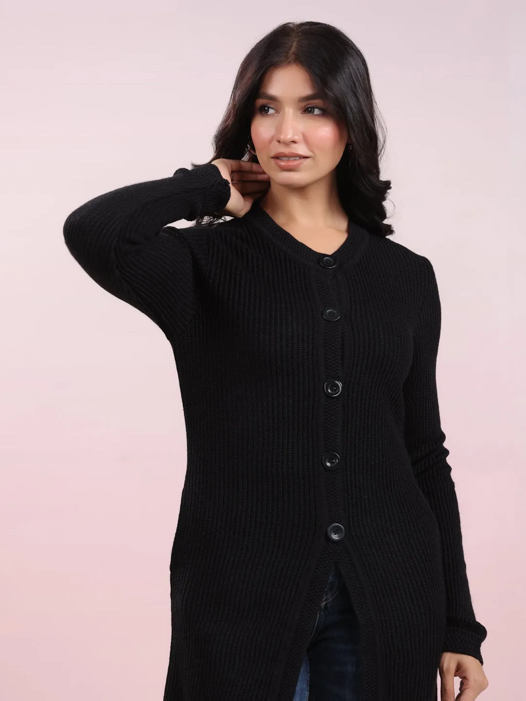 Black Woolen Self Design Winter Shrug