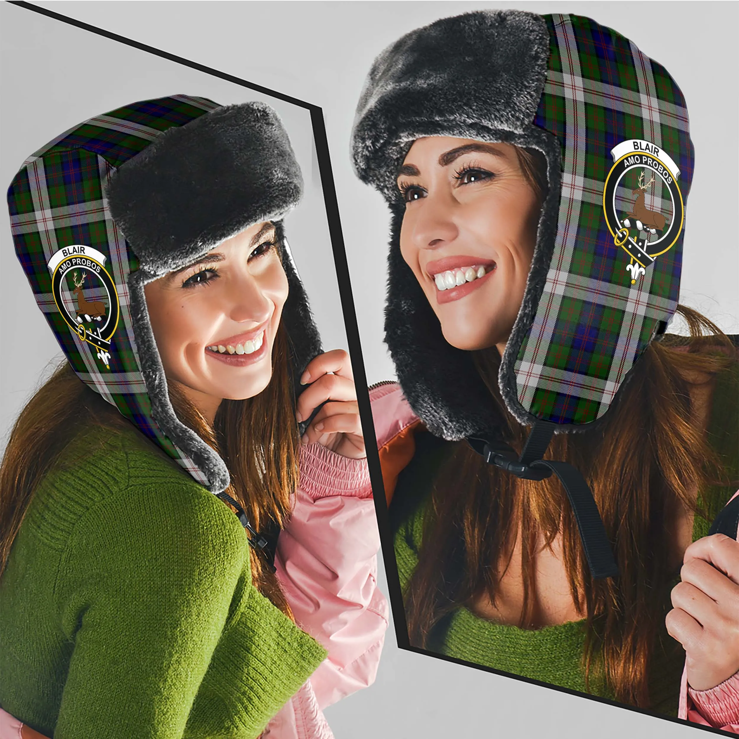 Blair Dress Tartan Winter Trapper Hat with Family Crest