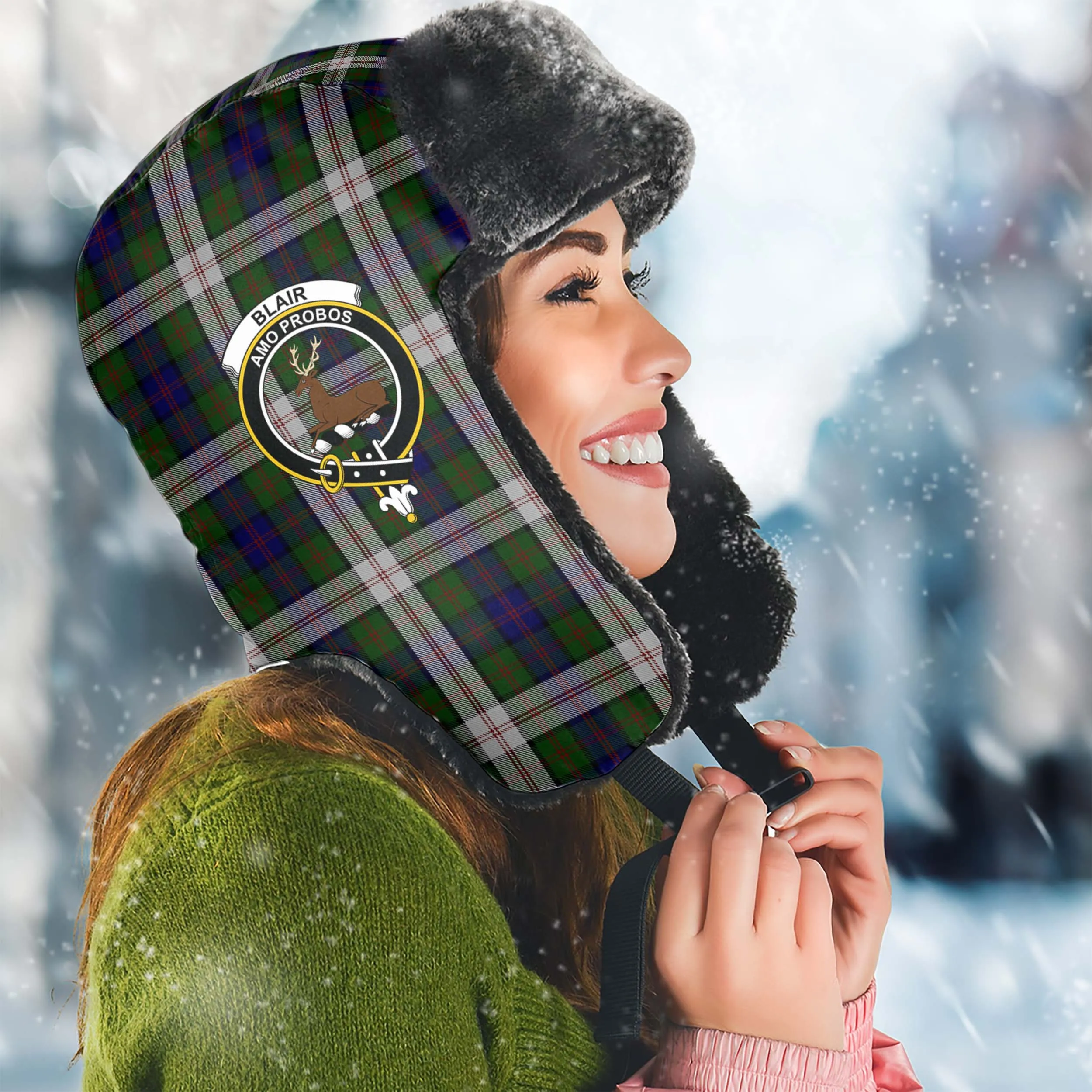 Blair Dress Tartan Winter Trapper Hat with Family Crest