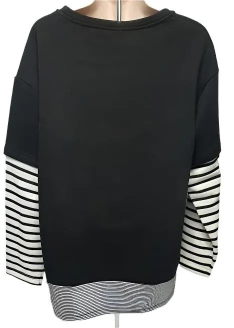 Blouse-Pullover-3/4 Sleeve-Knit-Black/White Stripe-Women's-Fc223228