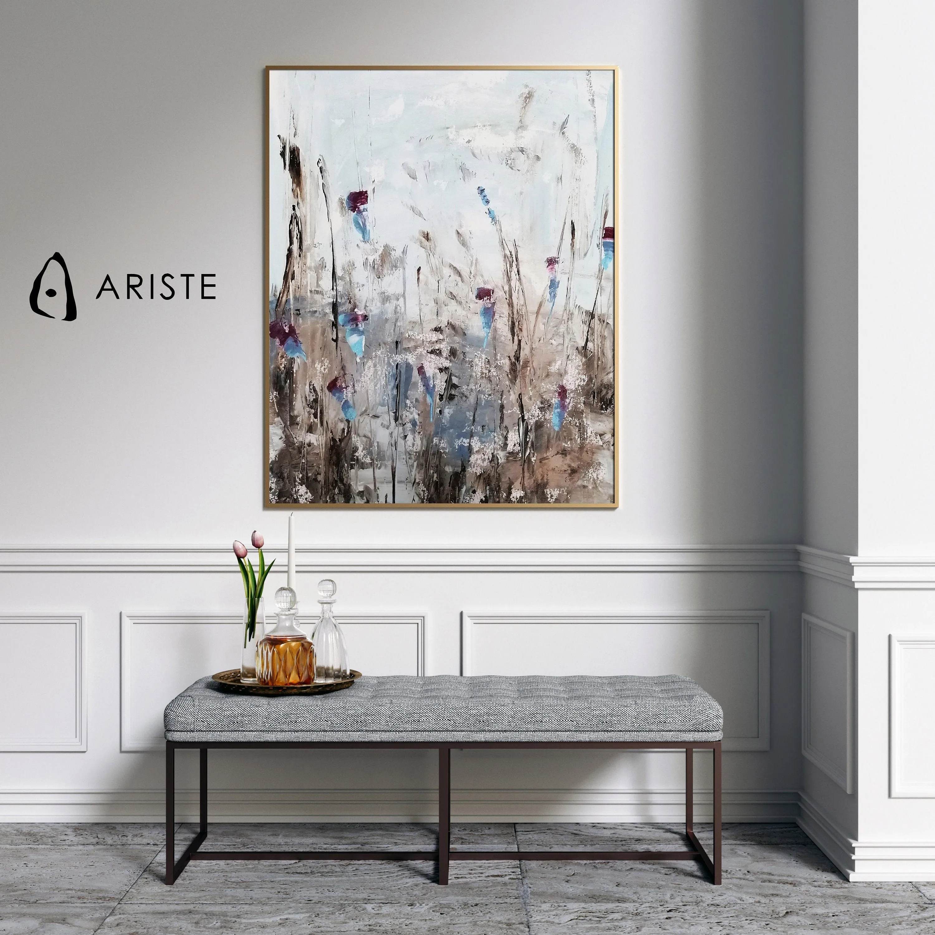Blue & purple large abstract flower paintings made to order in a custom size